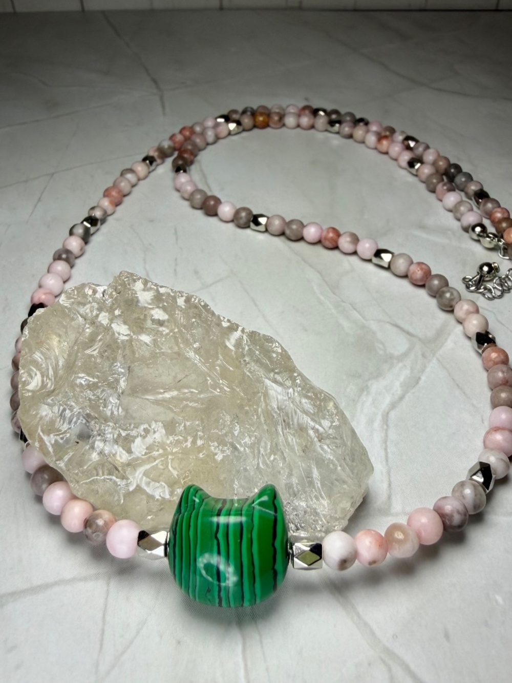 Pink Zebra Jasper & Malachite Cat Head Necklace